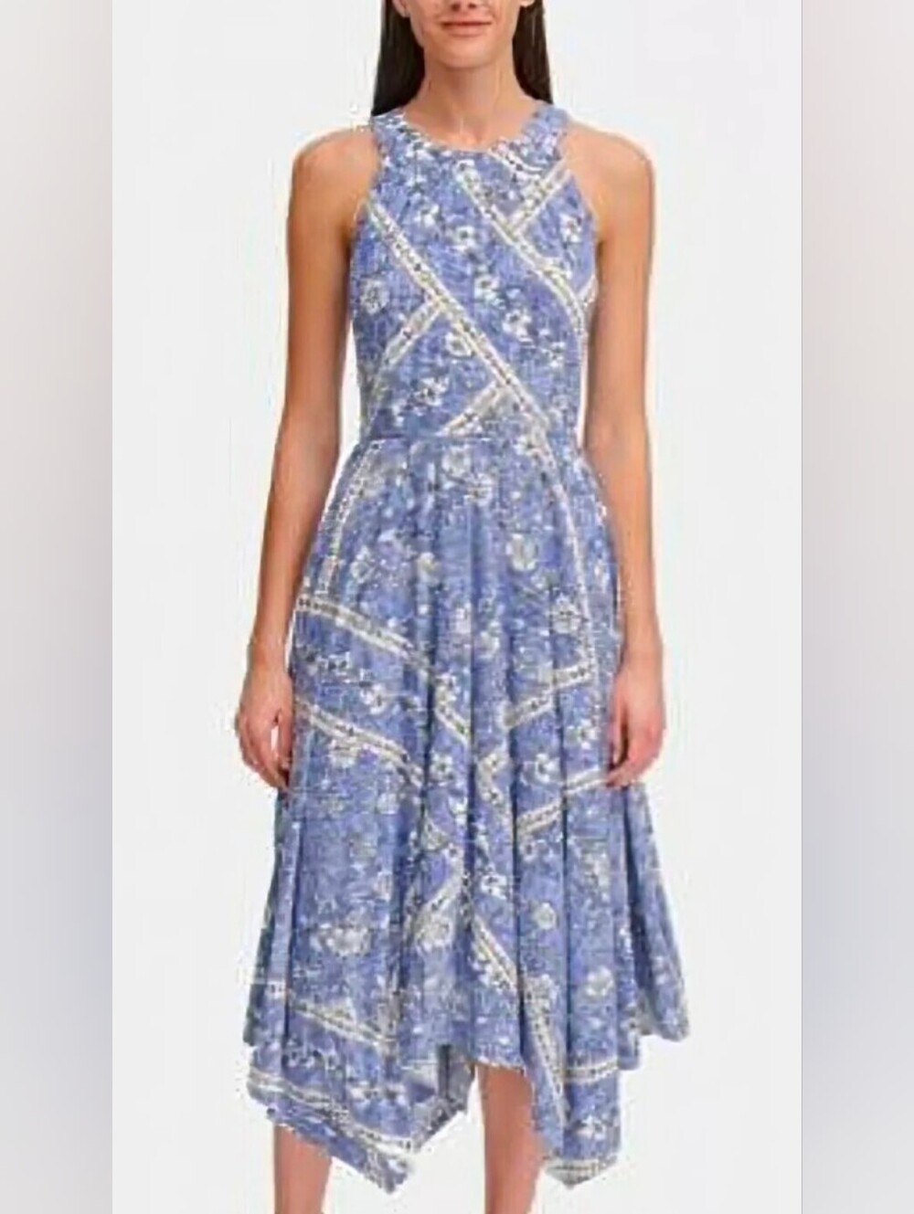 Tommy Hilfiger Blue and White Floral Maxi Hi Low Handkerchief Hem Dress Size 14